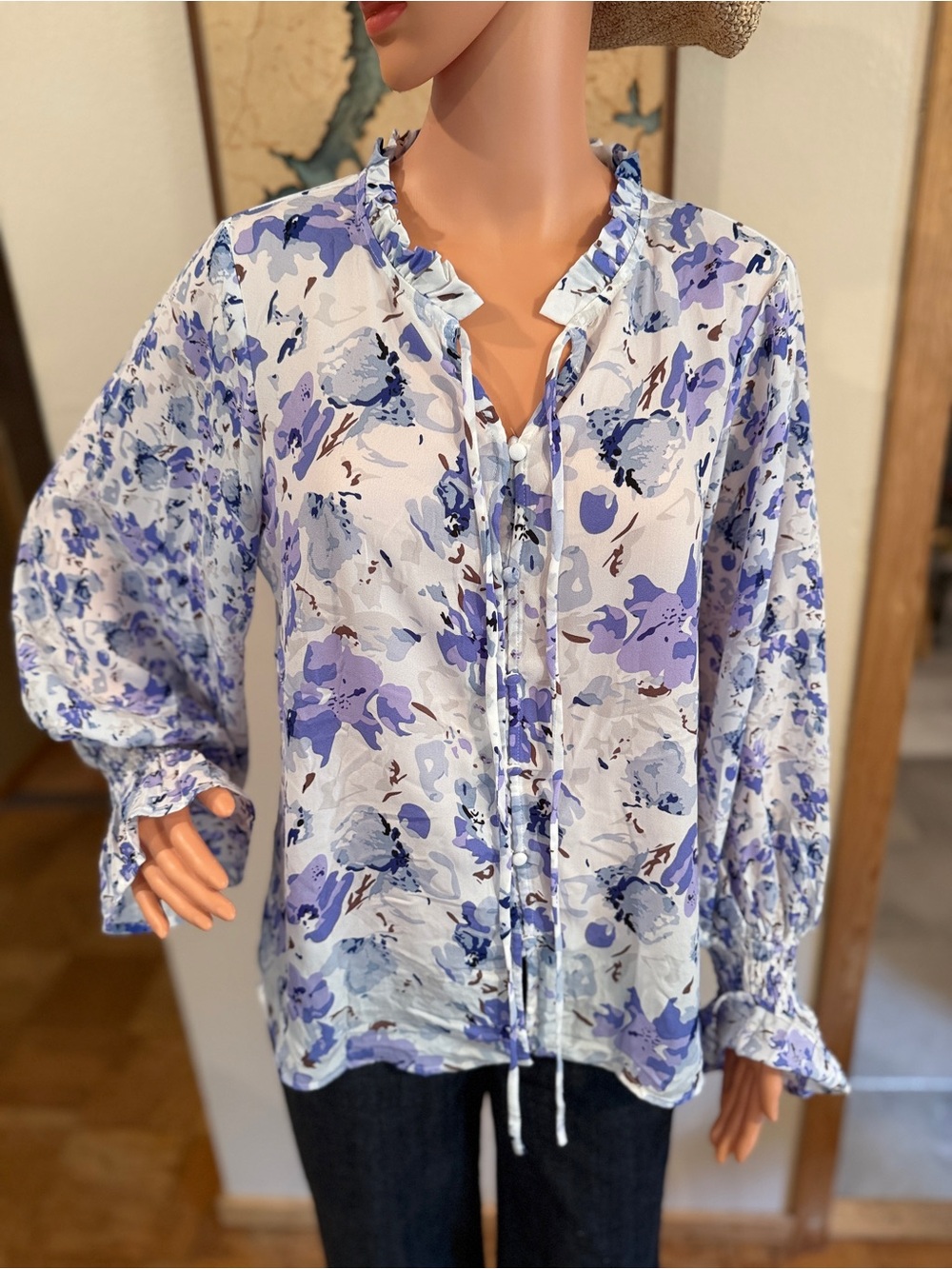 🌸 Sheer Floral Blouse | Ruffle Collar | Smocked Cuffs | Balloon Sleeves | Size M
